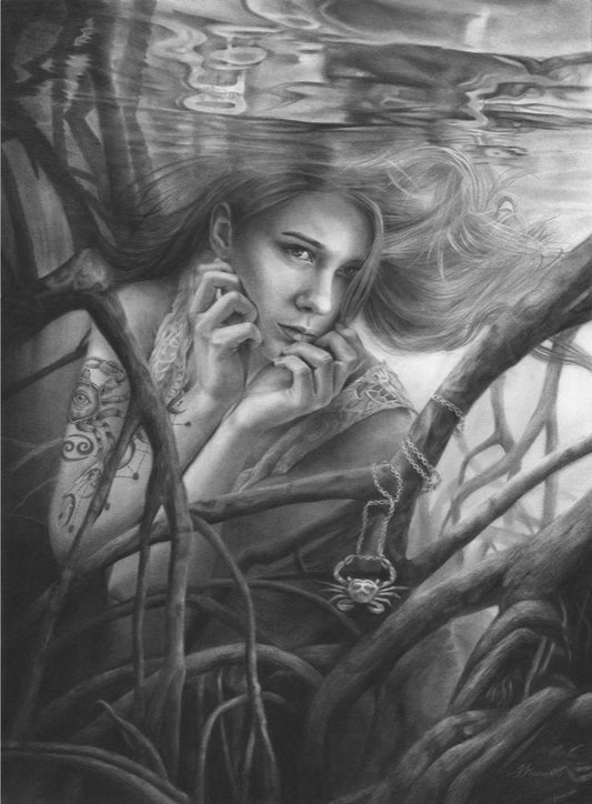A fine art print featuring a stylized, monochrome depiction of a mermaid with flowing hair and intricate detailing, with items symbolic of the zodiac sign Cancer littered through the imagery