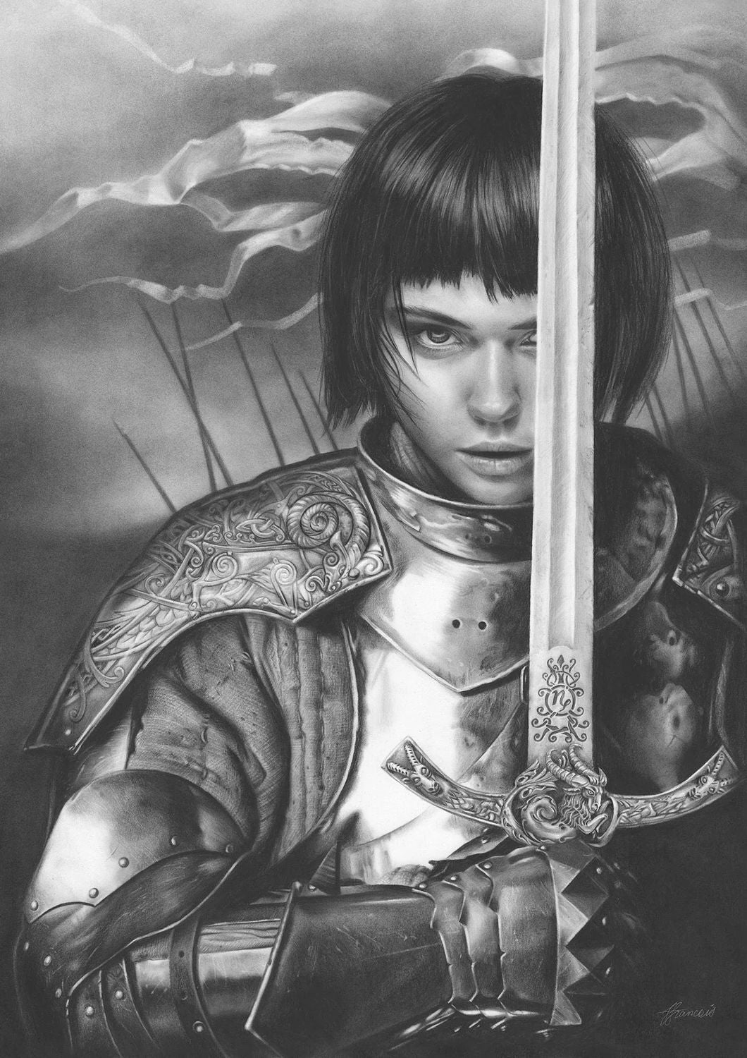 Limited edition artwork reimagining Capricorn as a women in armour holding a sword