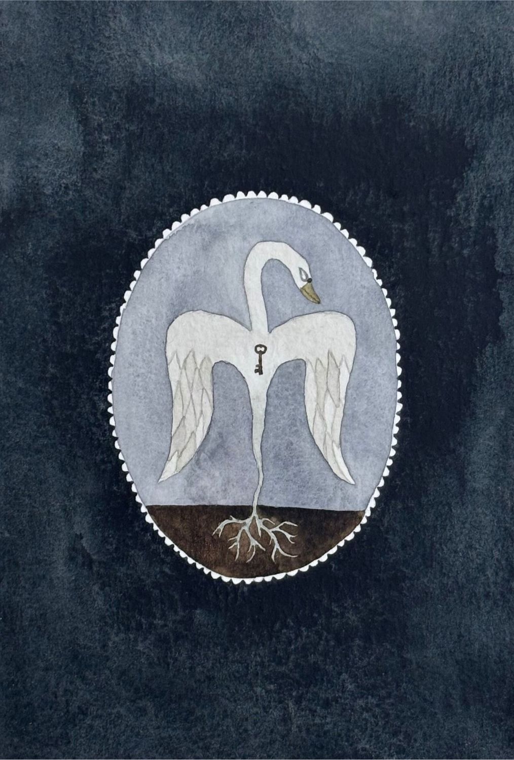 Artistic depiction of a swan with roots emerging from its body on a dark blue background.