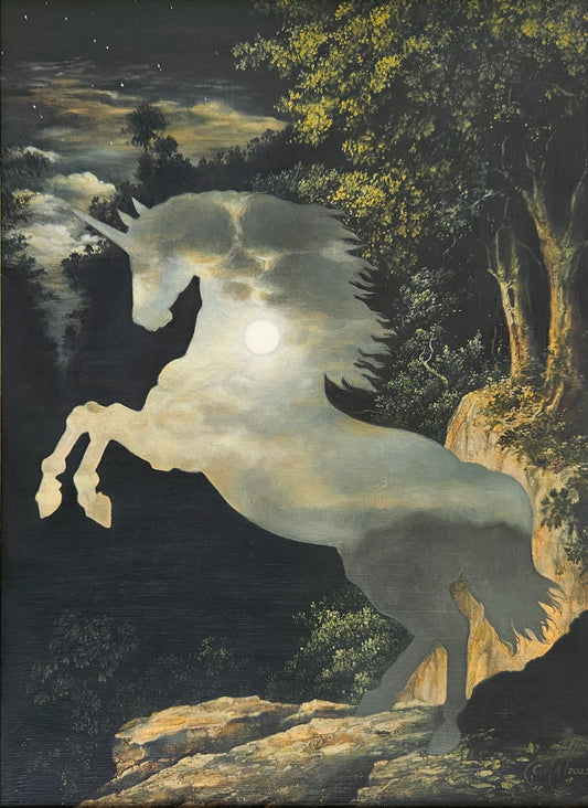A fantasy-style painting of a white unicorn rearing on rocky ground at night, with a bright moonlit sky, dark trees, and green foliage in the background.