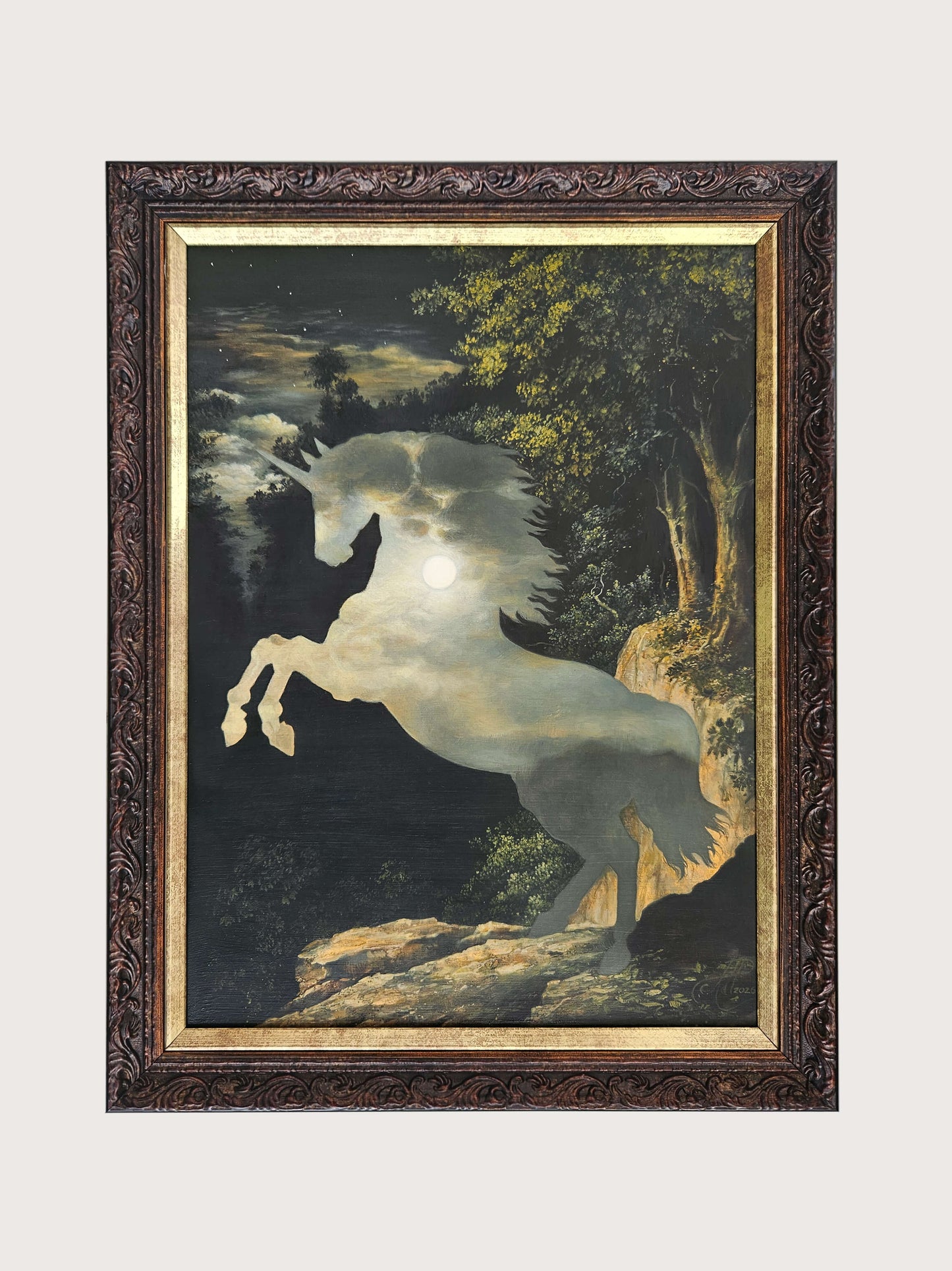 Framed oil painting of a rearing unicorn in moonlight by Andrea du Plessis