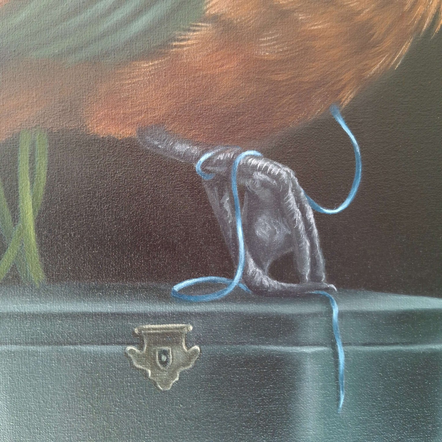 Painting of a Paradise Shelduck on a teal jewellery box with calla lilies in the background by Heather Denison
