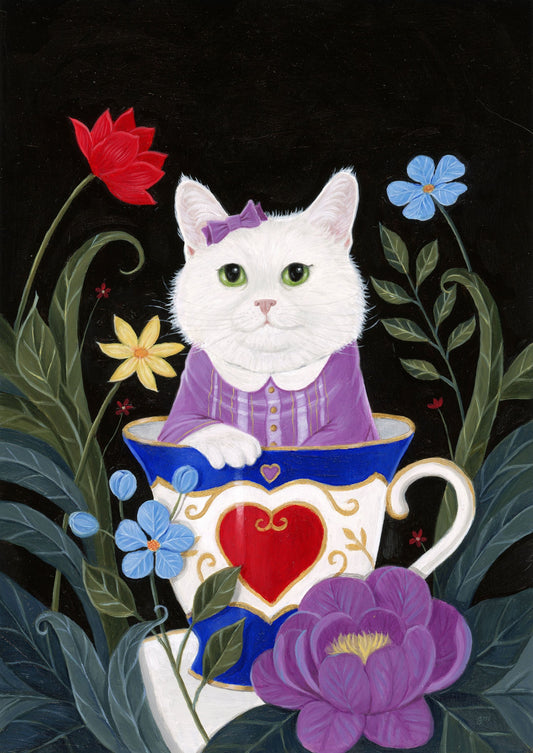 A whimsical illustration of a white cat in a purple dress sitting inside a blue and white teacup surrounded by flowers and leaves on a black background.