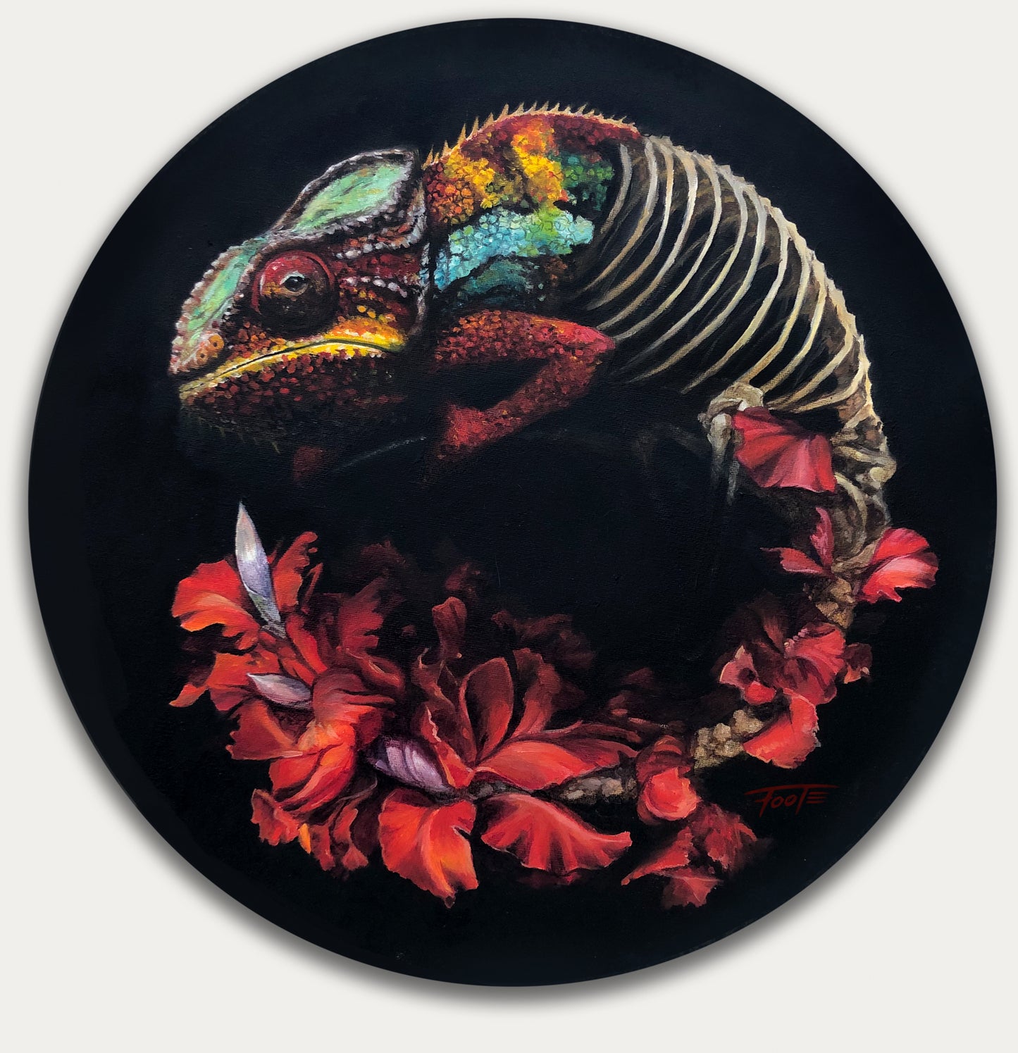 A chameleon dissolving from flesh to flowers by oil painter Rob Foote