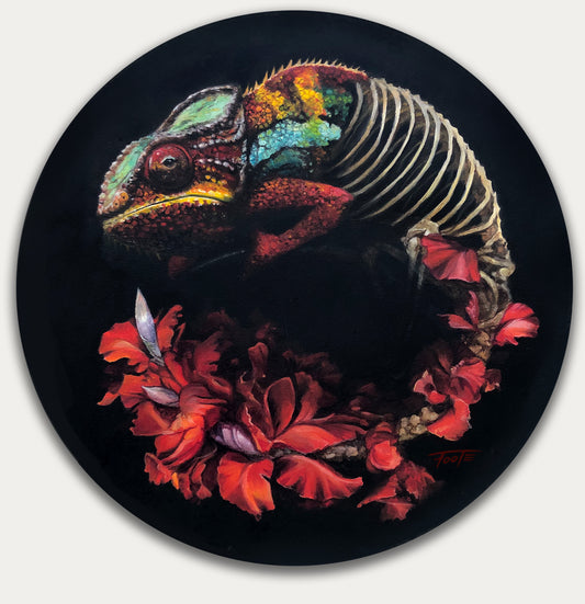 A chameleon dissolving from flesh to flowers by oil painter Rob Foote