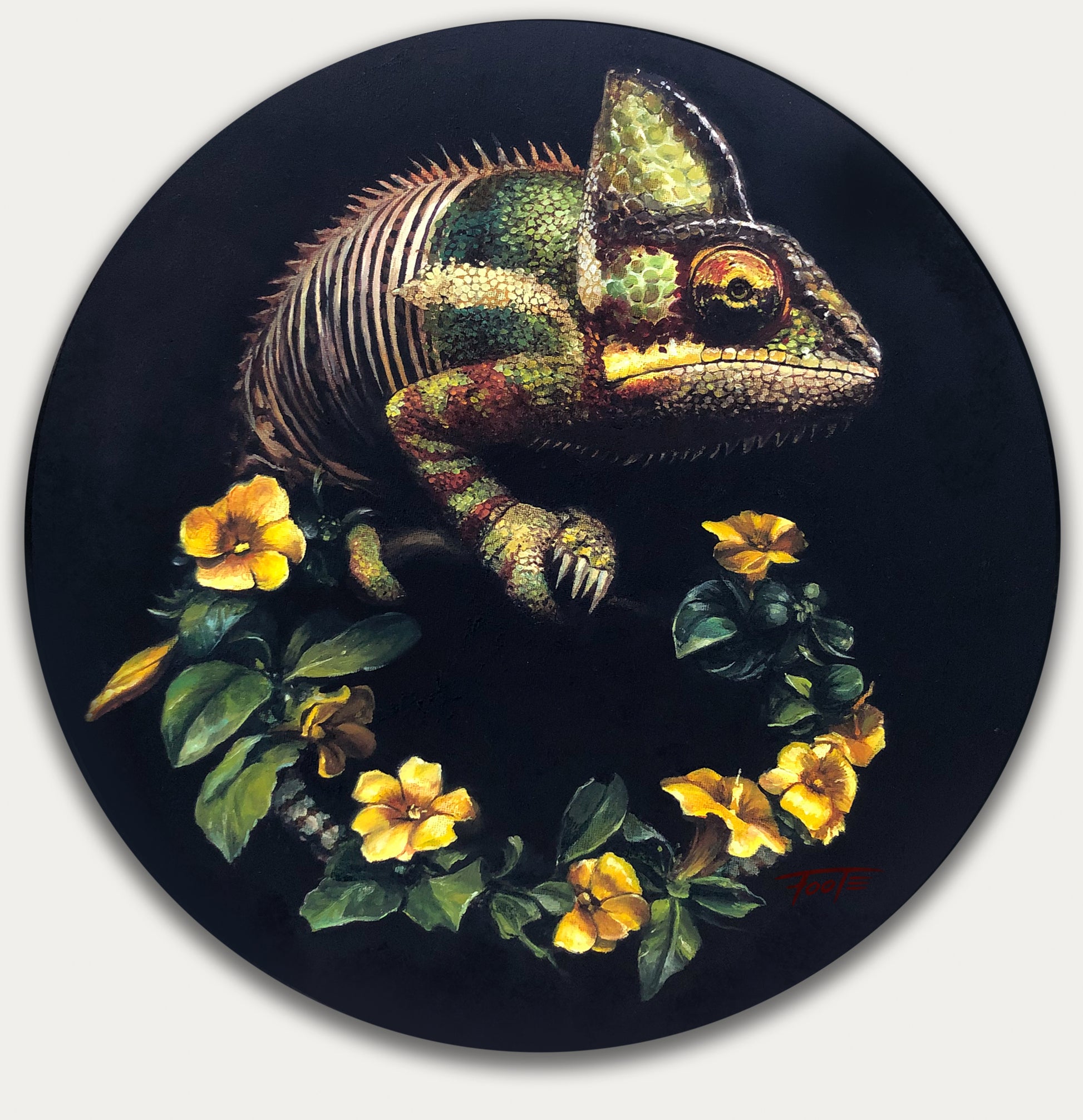 Original Oil Painting of a chameleon dissolving into flowers
