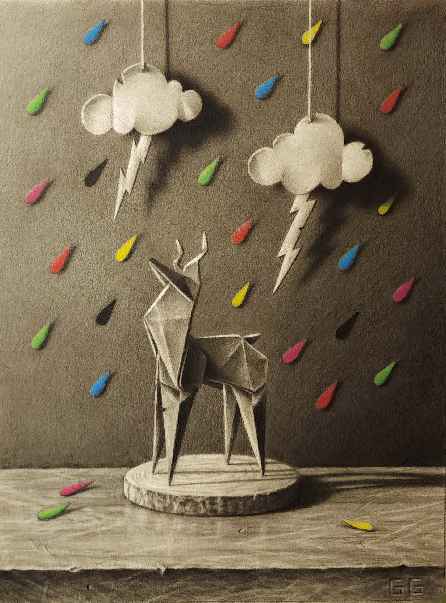 Graphite and coloured pencil drawing of an origami deer sculpture in the rain