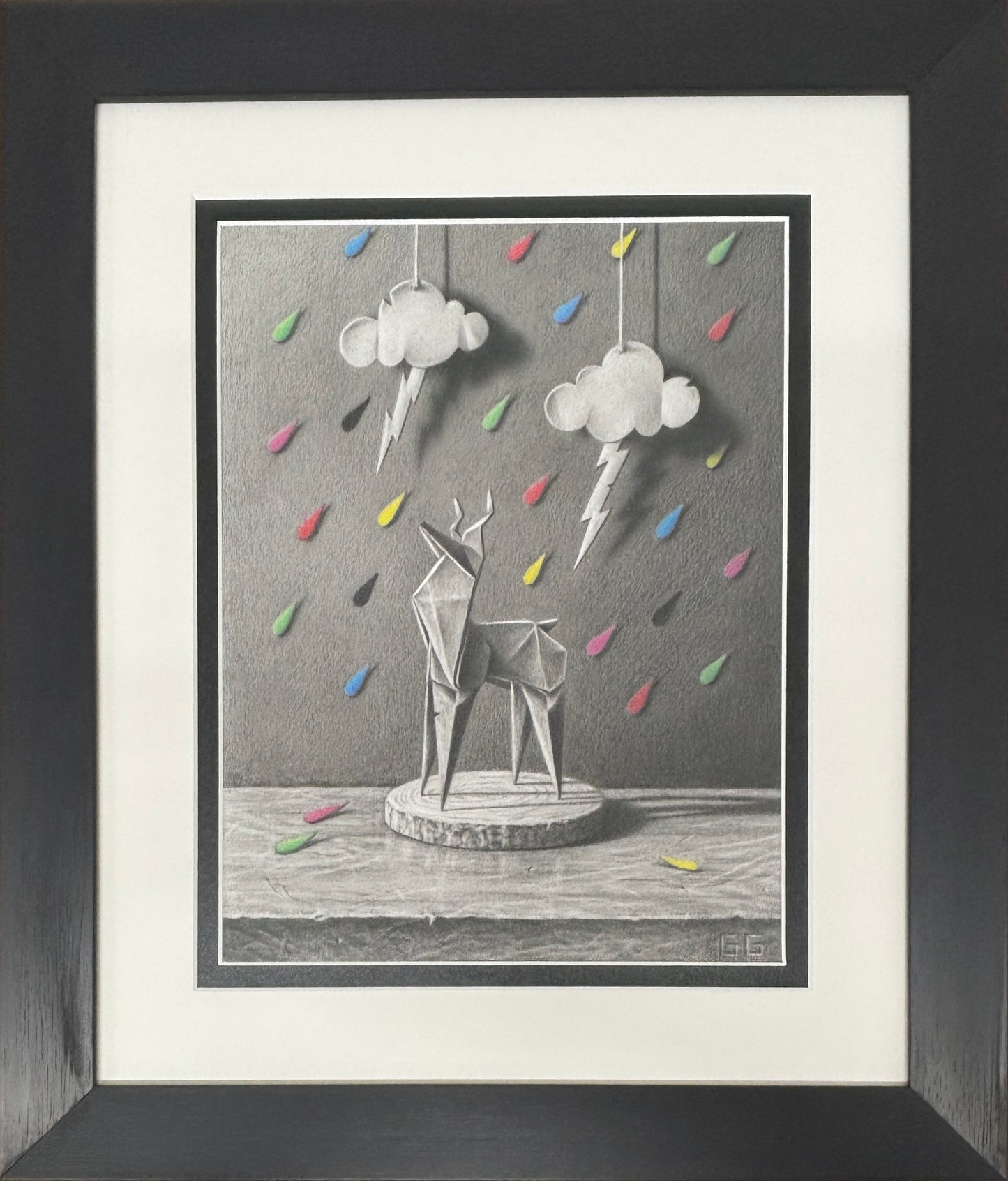 Graphite and coloured pencil drawing of an origami deer sculpture in the rain