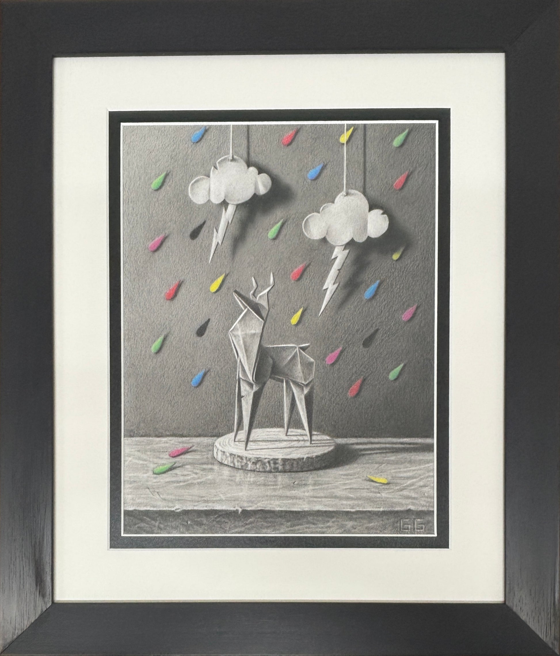 Graphite and coloured pencil drawing of an origami deer sculpture in the rain