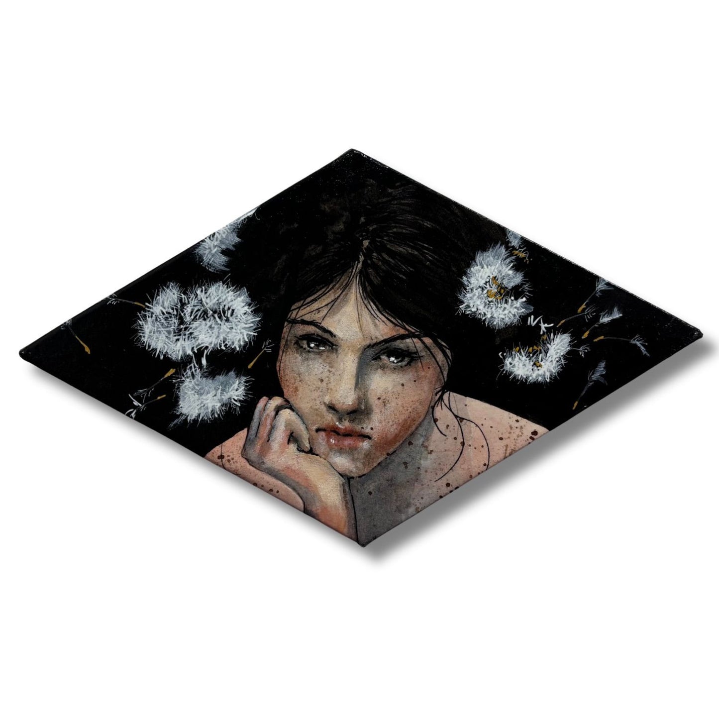 Artistic depiction of a woman's face with dandelions on a black background
