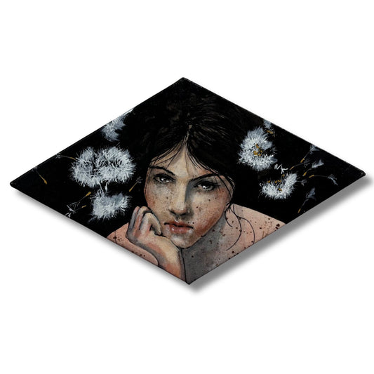 Artistic depiction of a woman's face with dandelions on a black background