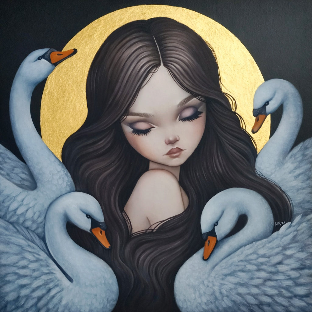 Artistic depiction of a woman with swans around her, set against a gold leaf moon