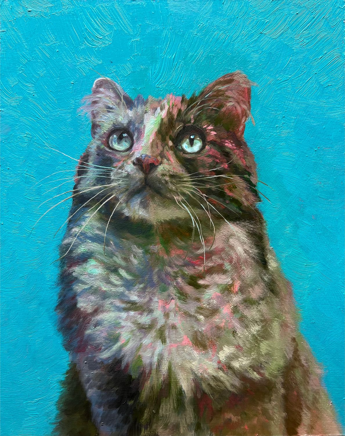 Oil painting of a cat on sky blue background