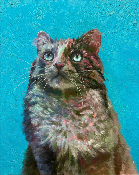 Oil painting of a cat on sky blue background