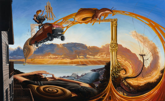 Surreal scene with a car on a snail, a person painting, and a large frame in a landscape.