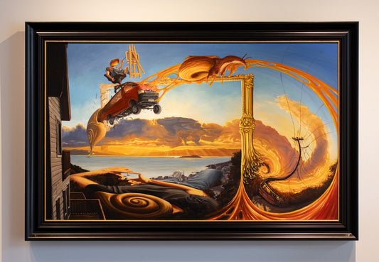 Framed original artwork with a surreal landscape and mechanical elements