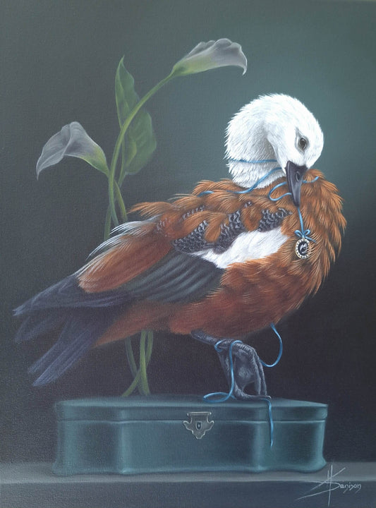 Painting of a Paradise Shelduck on a teal jewellery box with calla lilies in the background by Heather Denison