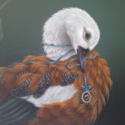 Close up of Heather Denison’s ‘Entwined’ oil painting of a Paradise Shelduck