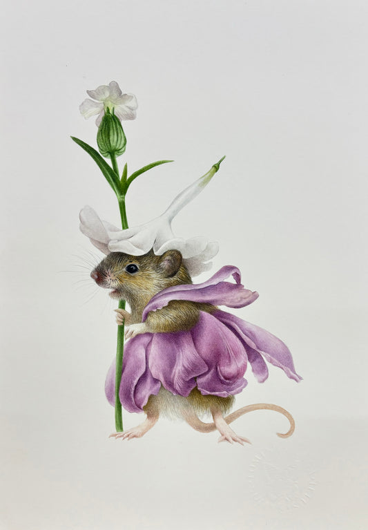 Watercolour drawing of a mouse dressed as a fairy using petals and flowers as a costume and crown
