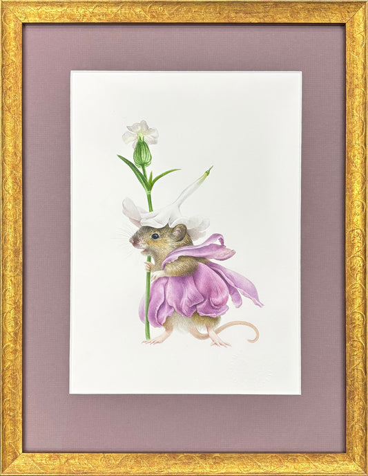 Illustration of a mouse fairy on a flower with a gold frame