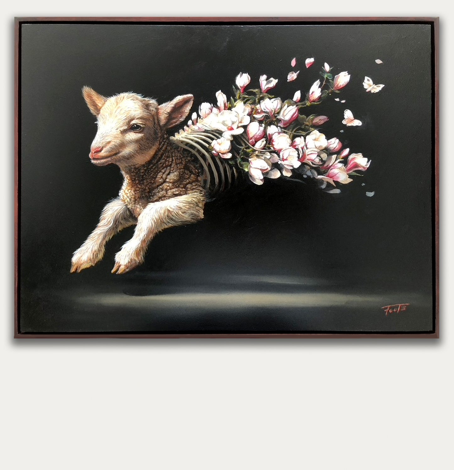 Original oil painting of a lamb dissolving into flowers