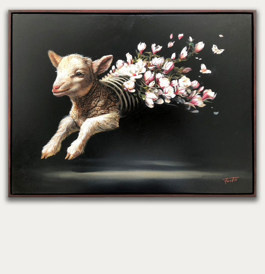 Original oil painting of a lamb dissolving into flowers