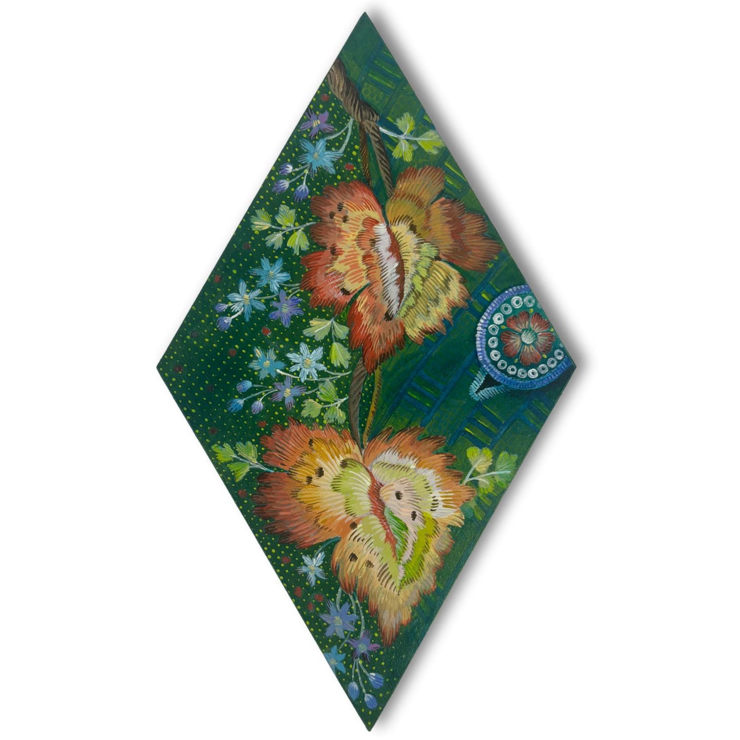 Green tapestry inspired inspired artwork on diamond shaped birch panel