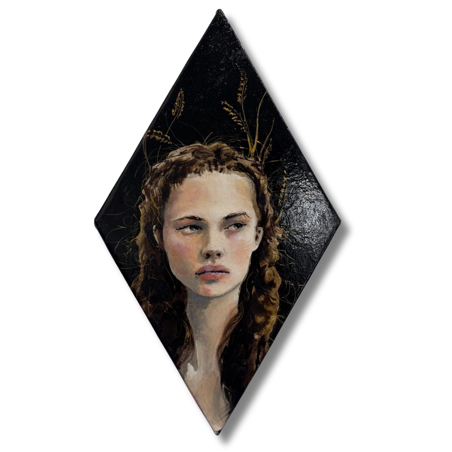 Diamond-shaped painting of a woman with braided hair on a black background