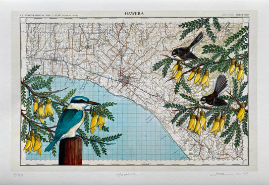 Map of Hawera with birds and flowers on a white background