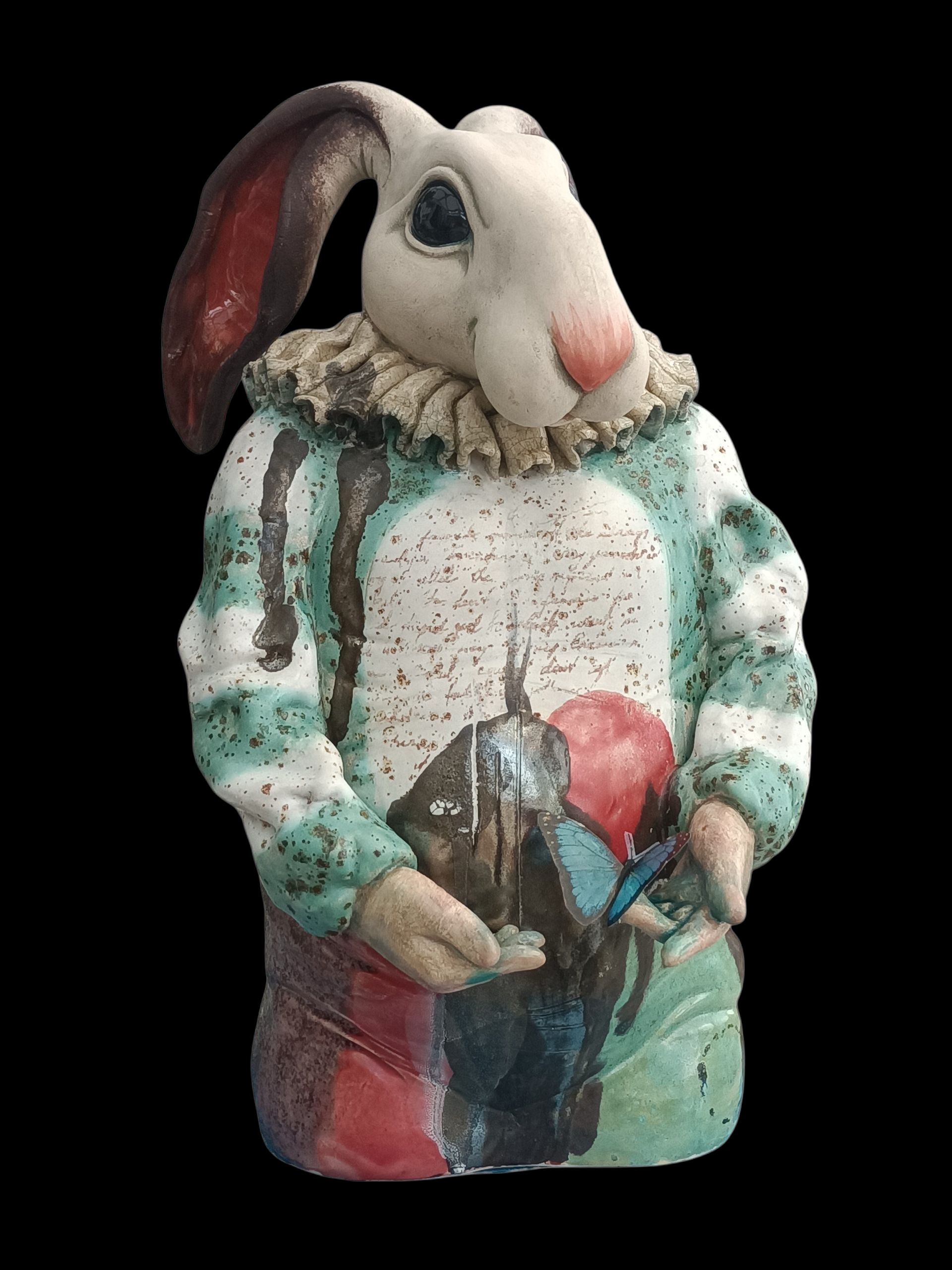 Ceramic bust of a hare dressed in a harlequin outfit, including ruffled collar.