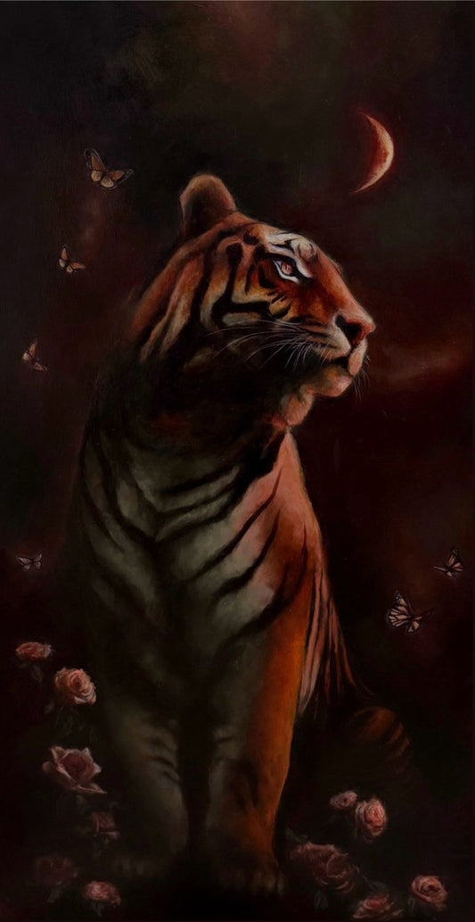 Oil painting of a tiger standing among flowers with a dark background