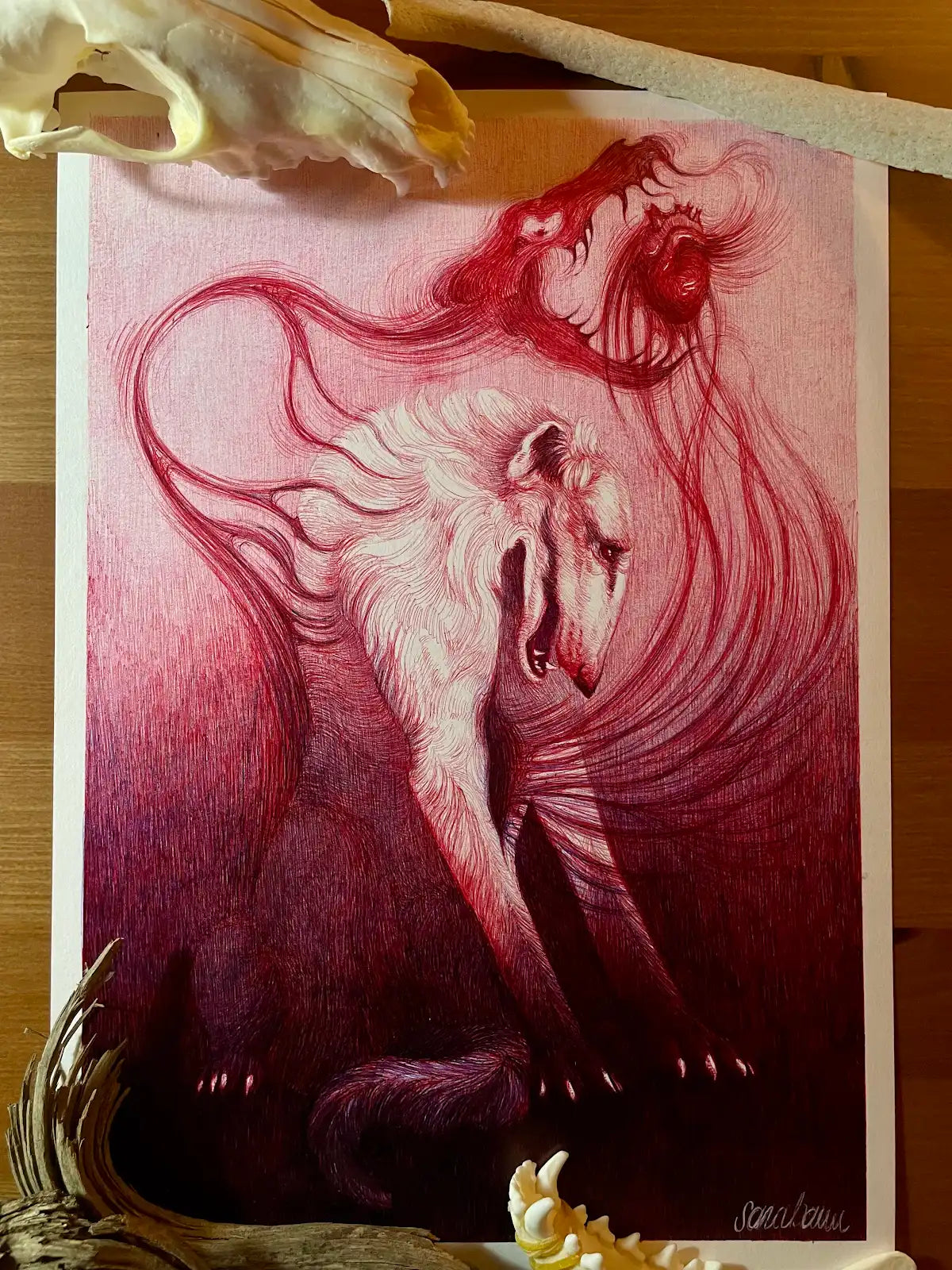 Sara Baun Ballpoint drawing of a dog and its inner self.