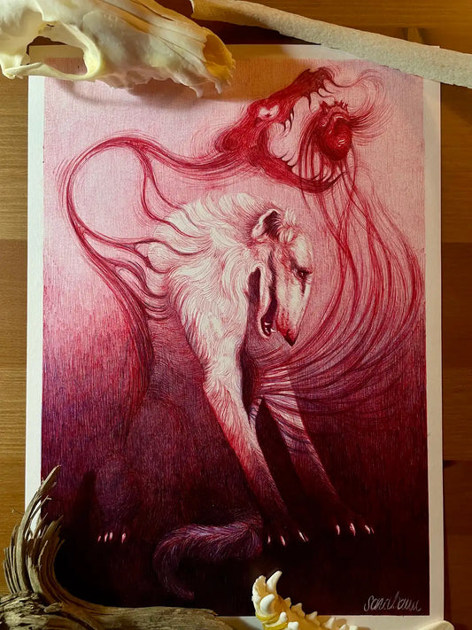 Sara Baun Ballpoint drawing of a dog and its inner self.
