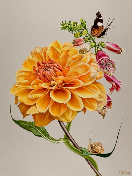 Illustration of a large yellow dahlia and emerging foxglove with a butterfly and snail.