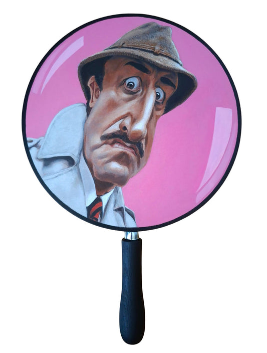 Mixed media canvas designed to look like a magnifying glass showing the inspector from Pink Panther