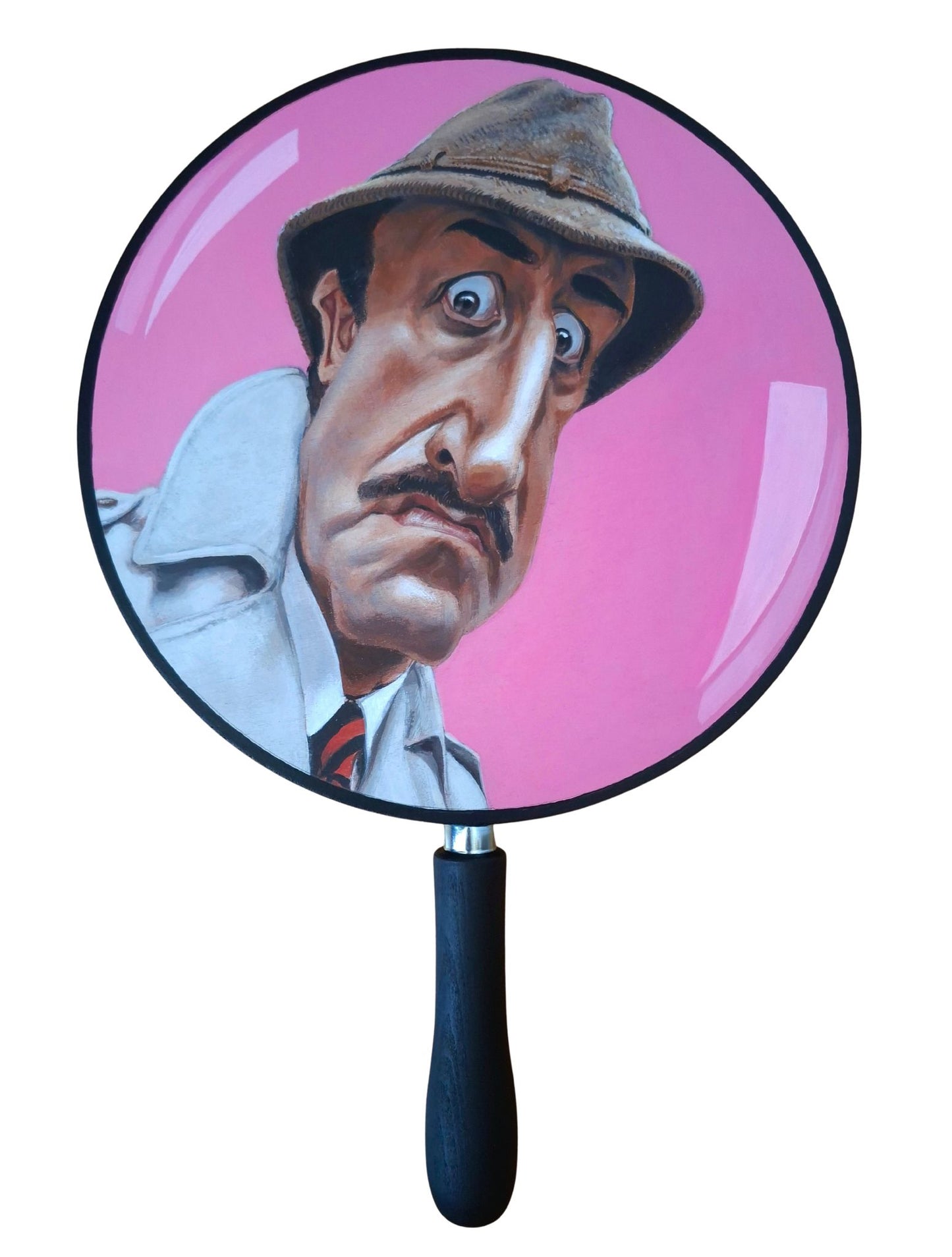 Mixed media canvas designed to look like a magnifying glass showing the inspector from Pink Panther