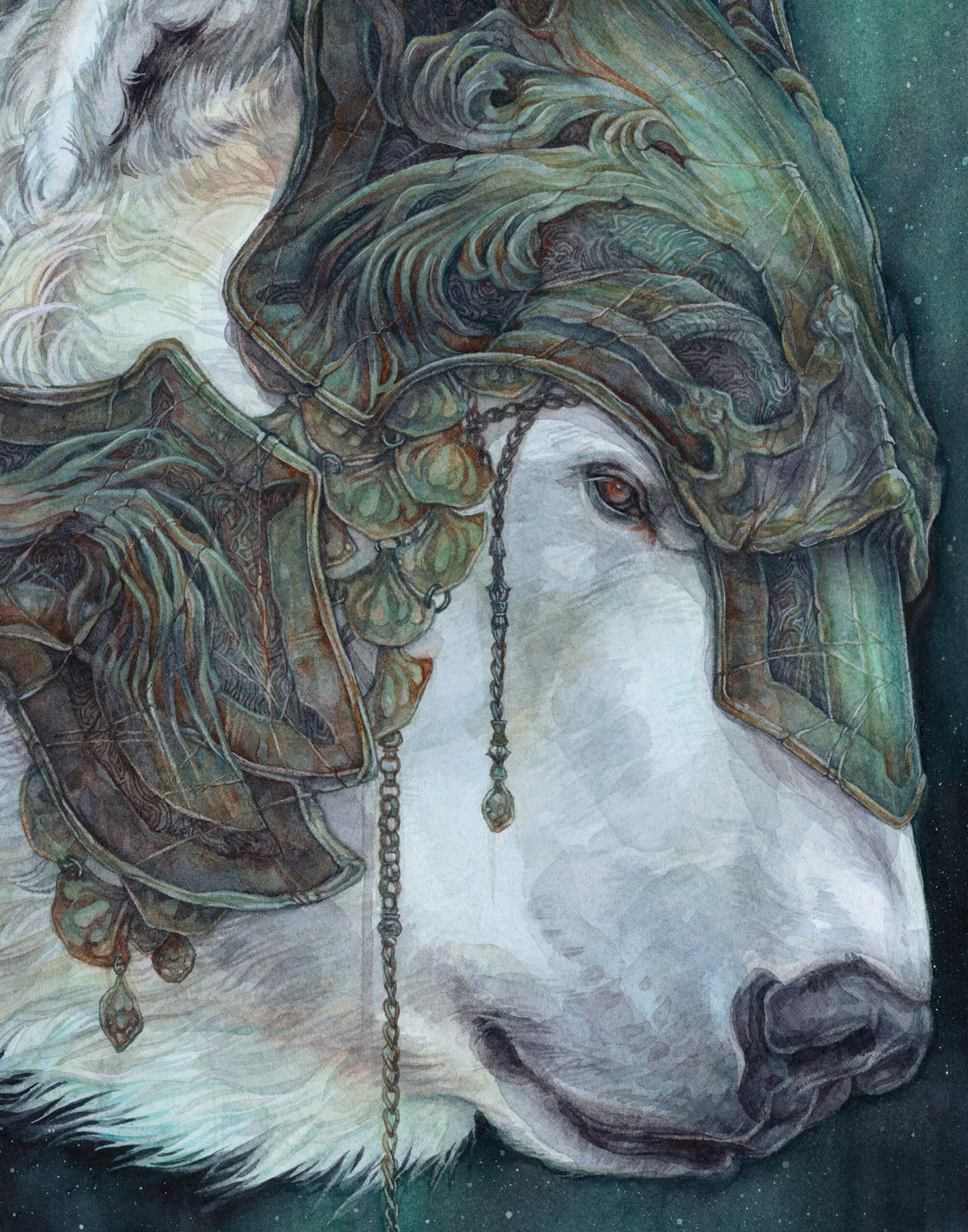 Watercolour drawing of Iorek Byrnison, the armoured polar bear from His Dark Materials