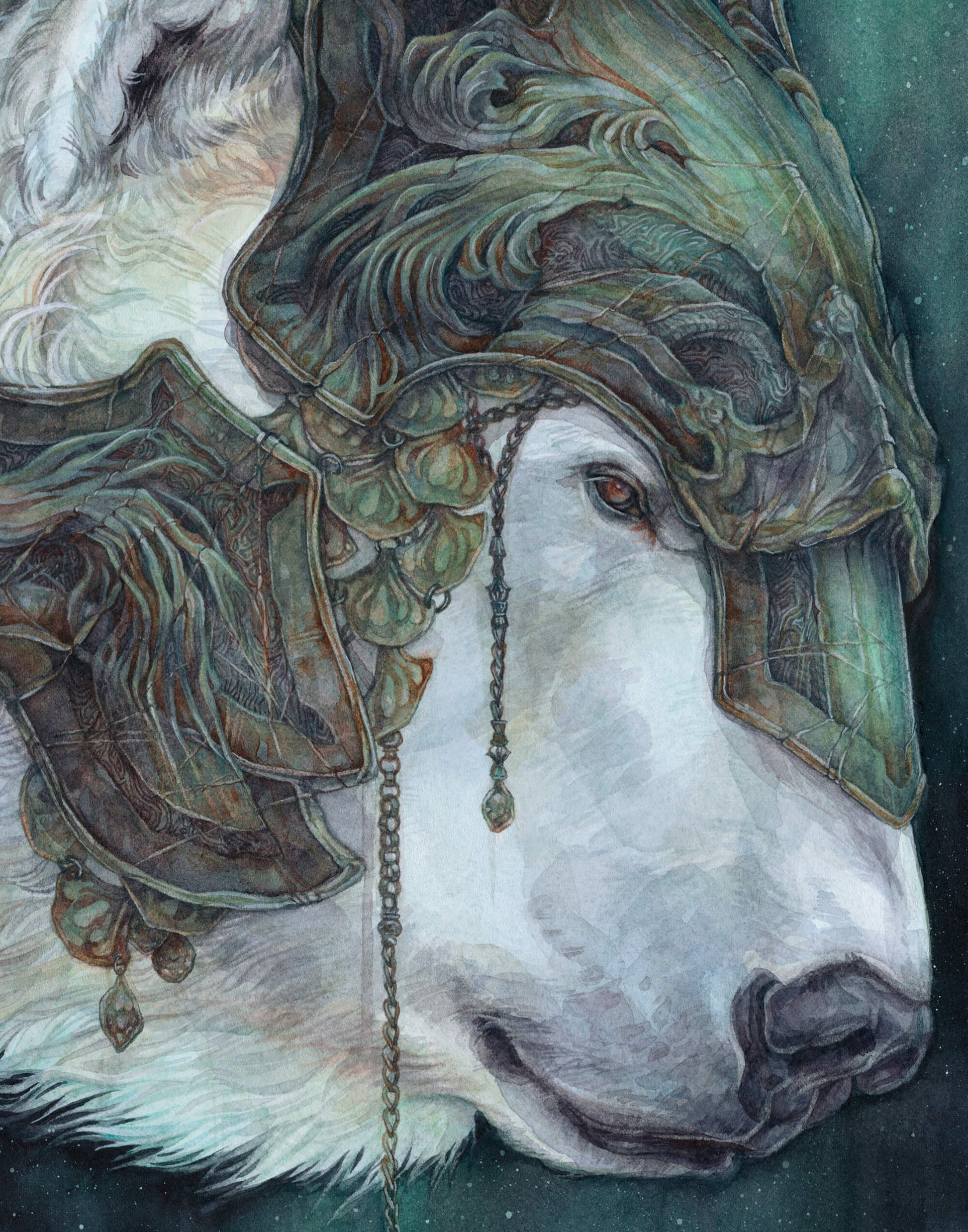 Watercolour drawing of Iorek Byrnison, the armoured polar bear from His Dark Materials