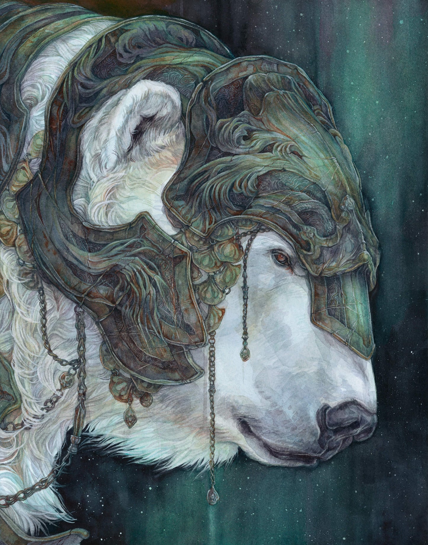 Watercolour drawing of Iorek Byrnison, the armoured polar bear from His Dark Materials