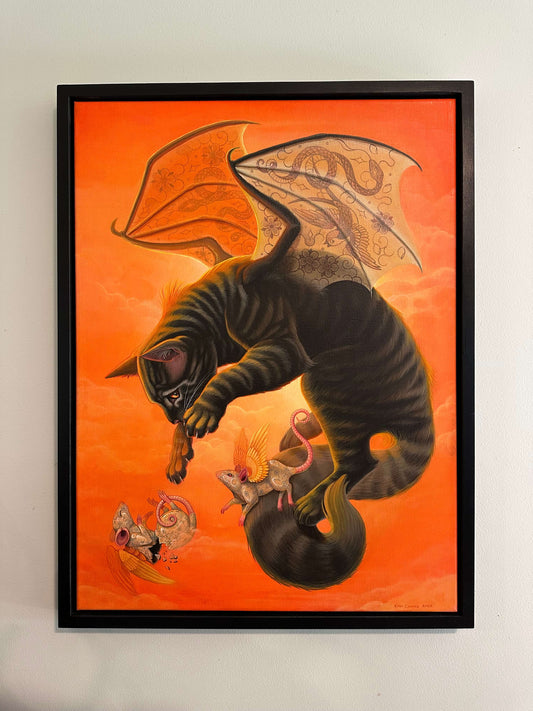 Erin Chance’s fantasy acrylic painting features a cat with wings flying with his or her winged rodent companions.