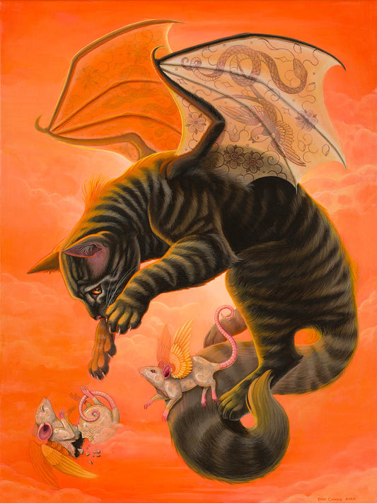 Fantasy artwork of a large black-and-brown striped cat with bat-like wings holding a mouse above smaller winged creatures against a vivid orange sky.