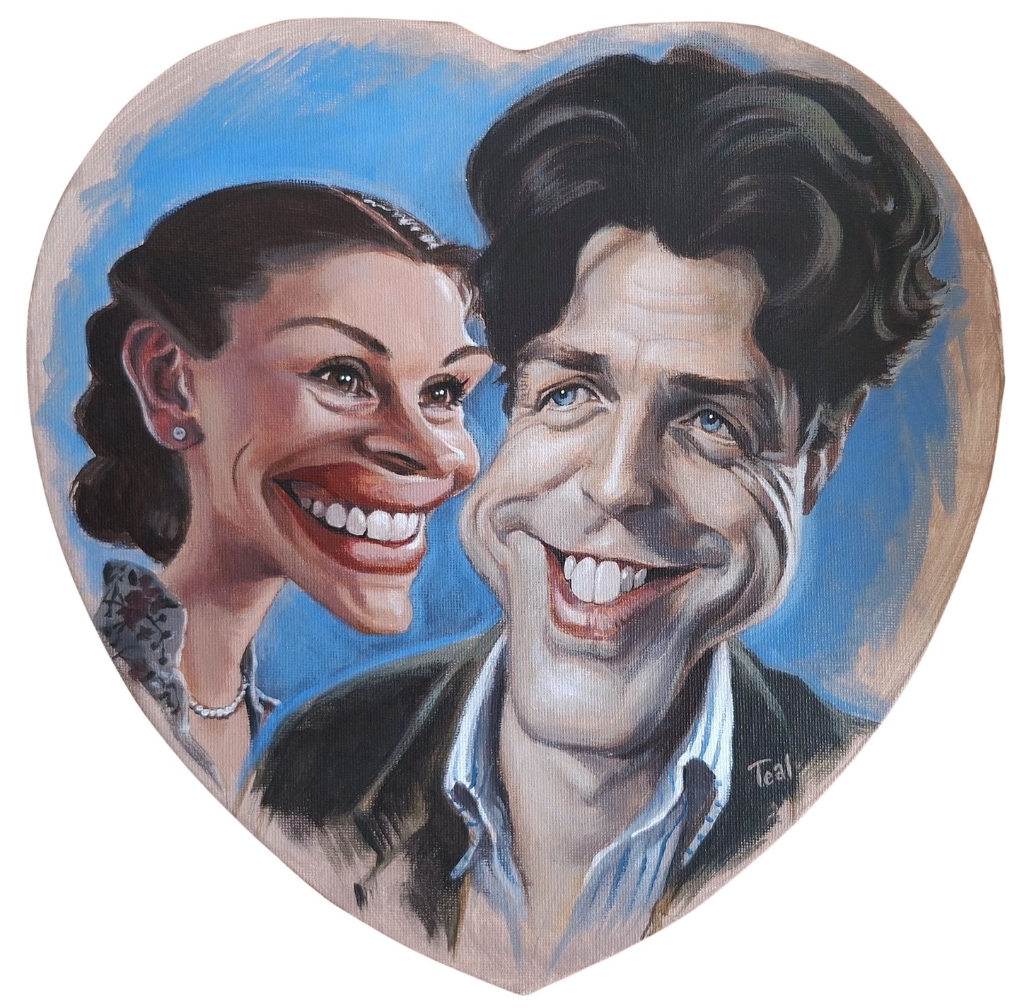 Heart-shaped painting of a Hugh Grant & Julia Roberts from the rom-com Notting Hill
