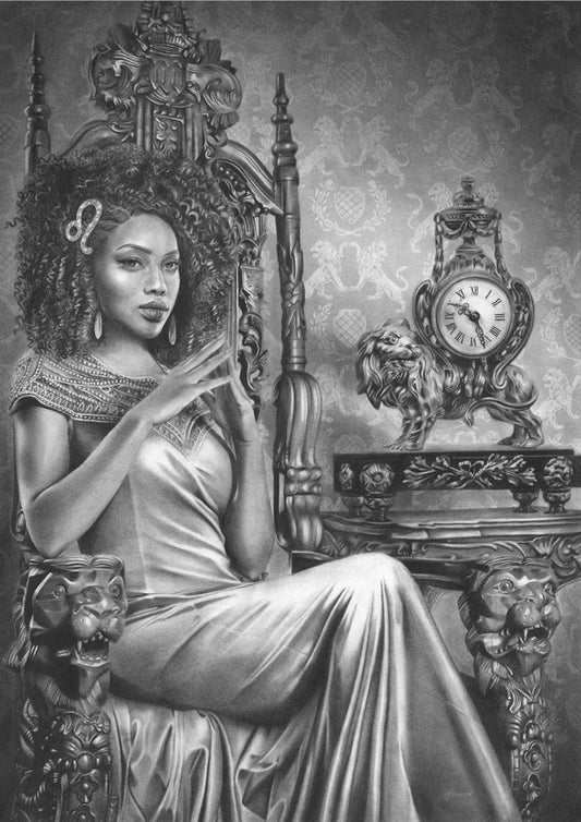 A fine art print featuring a regal looking woman, representing Leo, sitting on a throne with decorative details featuring symbols of Leo - the lion.