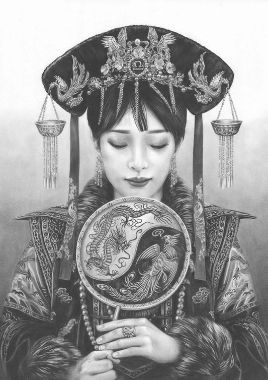 A fine art print of a woman in an elaborate, traditional costume holding a fan, with a focus on her face and the costume details.