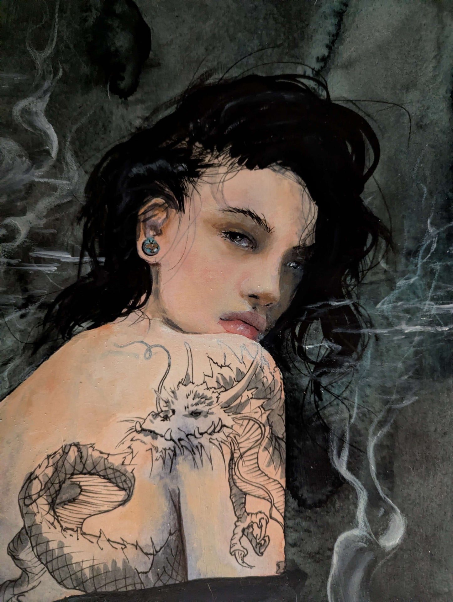 Artistic depiction of a woman with tattoos on her back, surrounded by smoke.