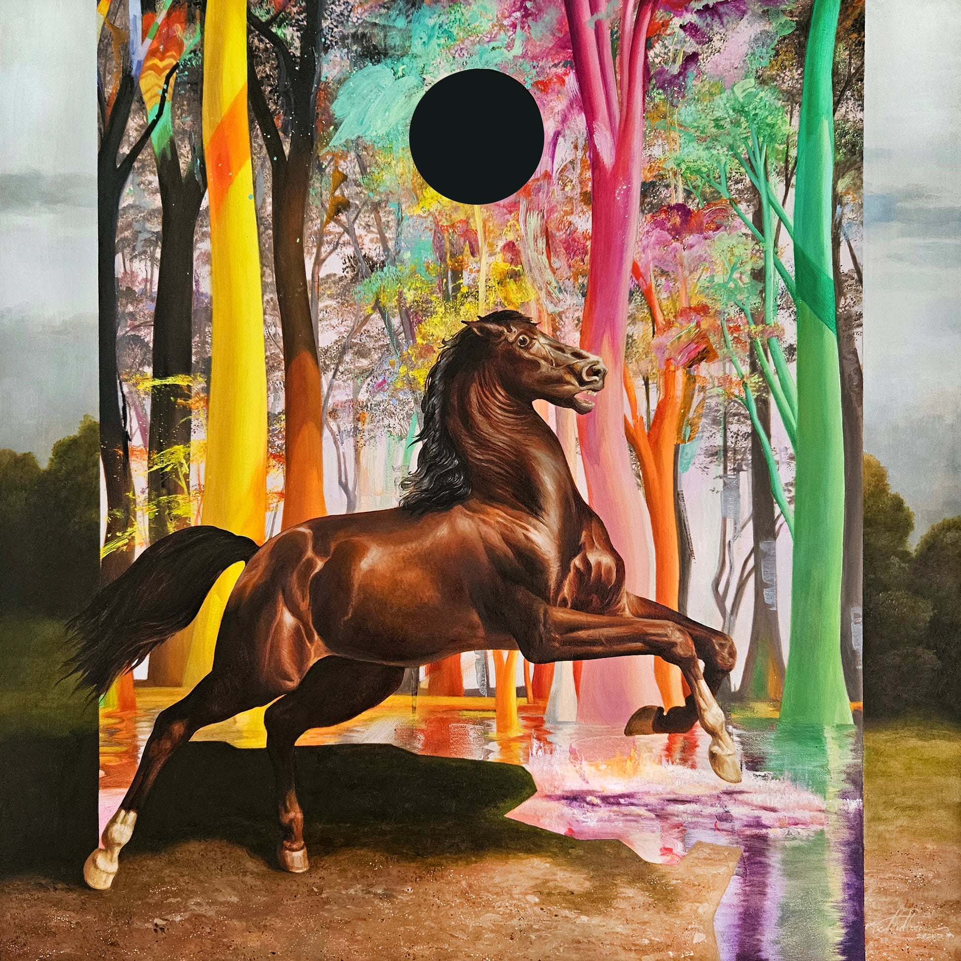 Oil painting of a distressed horse against a  distorted landscape