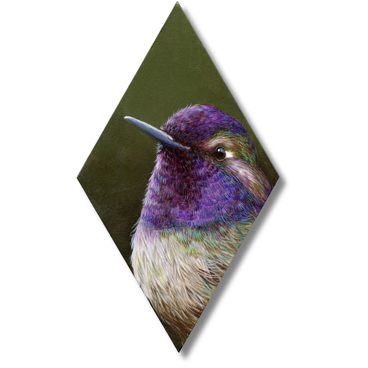 Artistic depiction of a hummingbird with a purple head on a green background