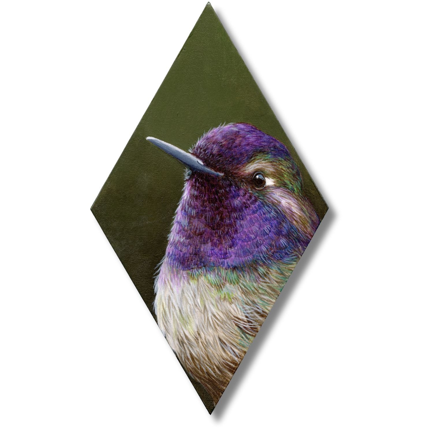 Artistic depiction of a hummingbird with a purple head on a green background