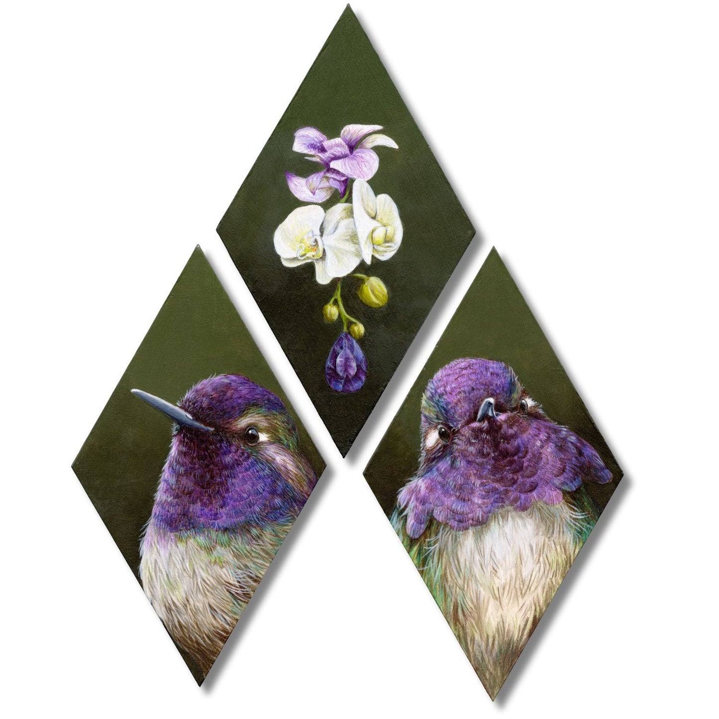 Three diamond-shaped panels featuring  purple and white hummingbirds and a flower.