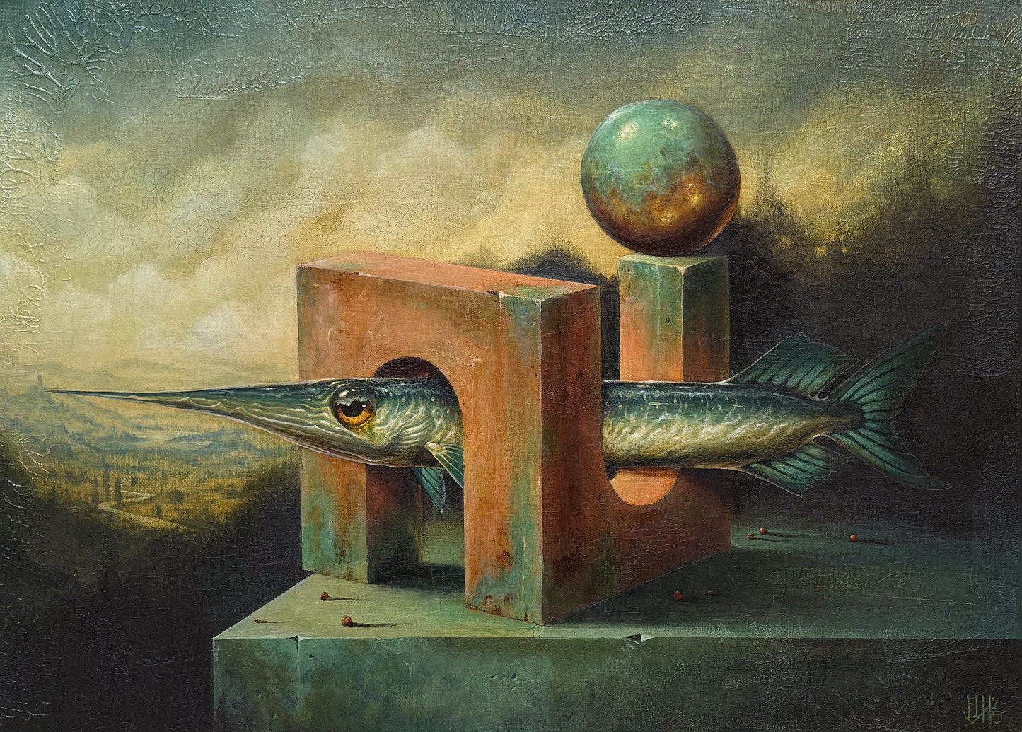 A thought-provoking work featuring a fish, geometric shapes, and a sphere against a traditional landscape background